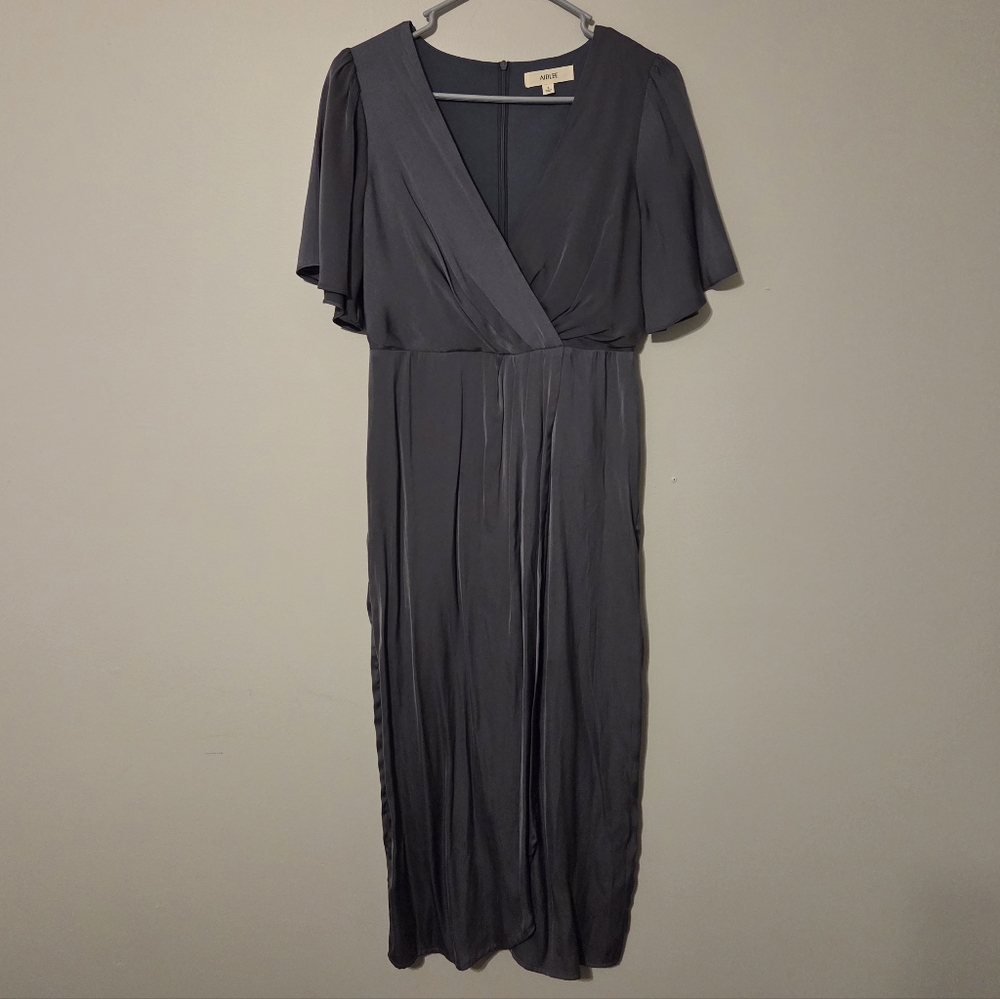 Slate Grey Flutter-Sleeve Midi Wrap Dress